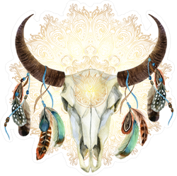 Watercolor Buffalo Skull With Feathers Boho Sticker